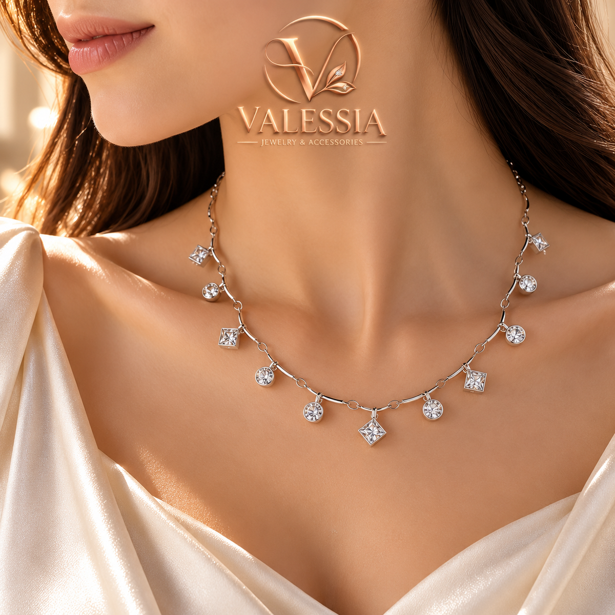 Silver-Tone Square and Round Pendant Necklace