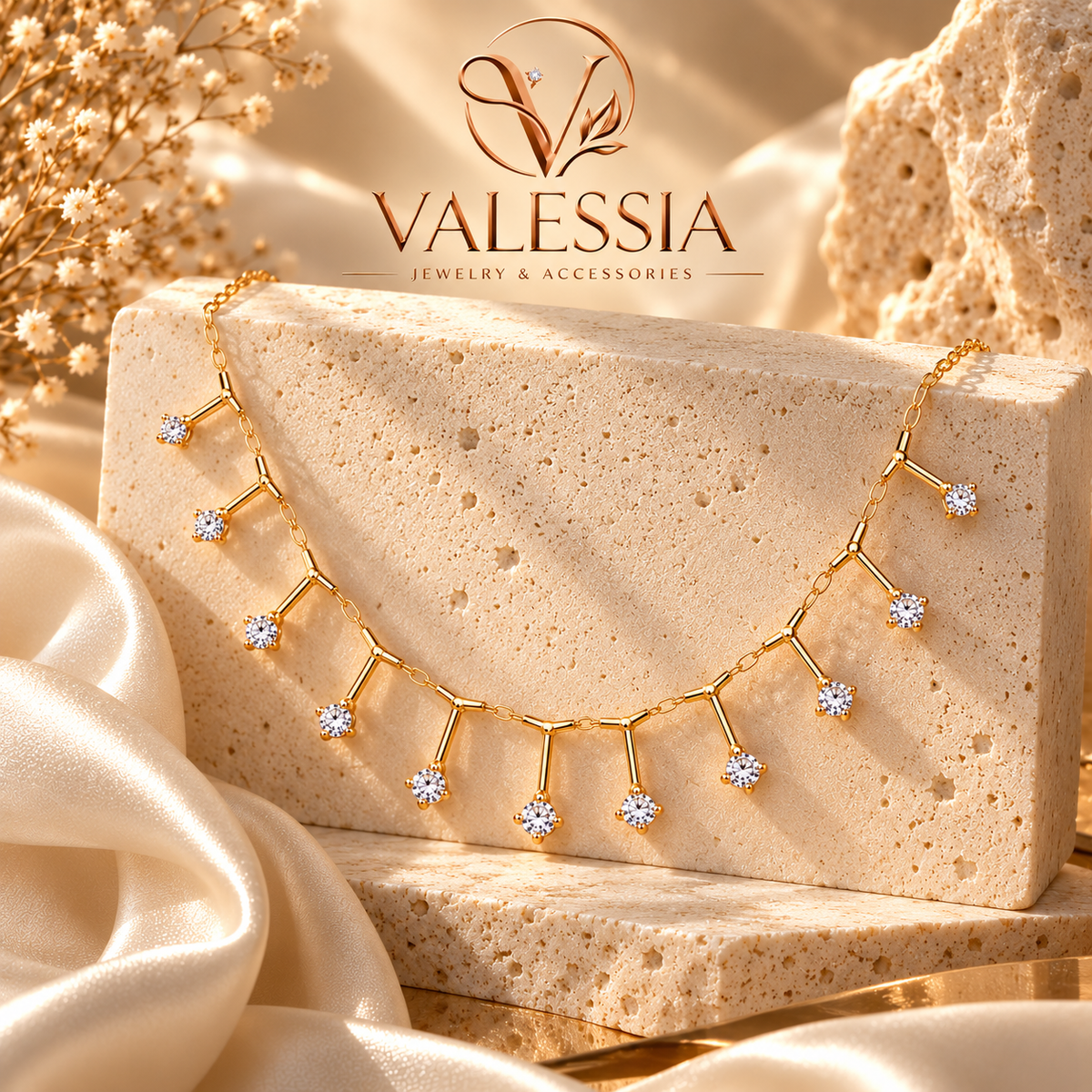 Silver-Tone Necklace with Square Dangle Stones