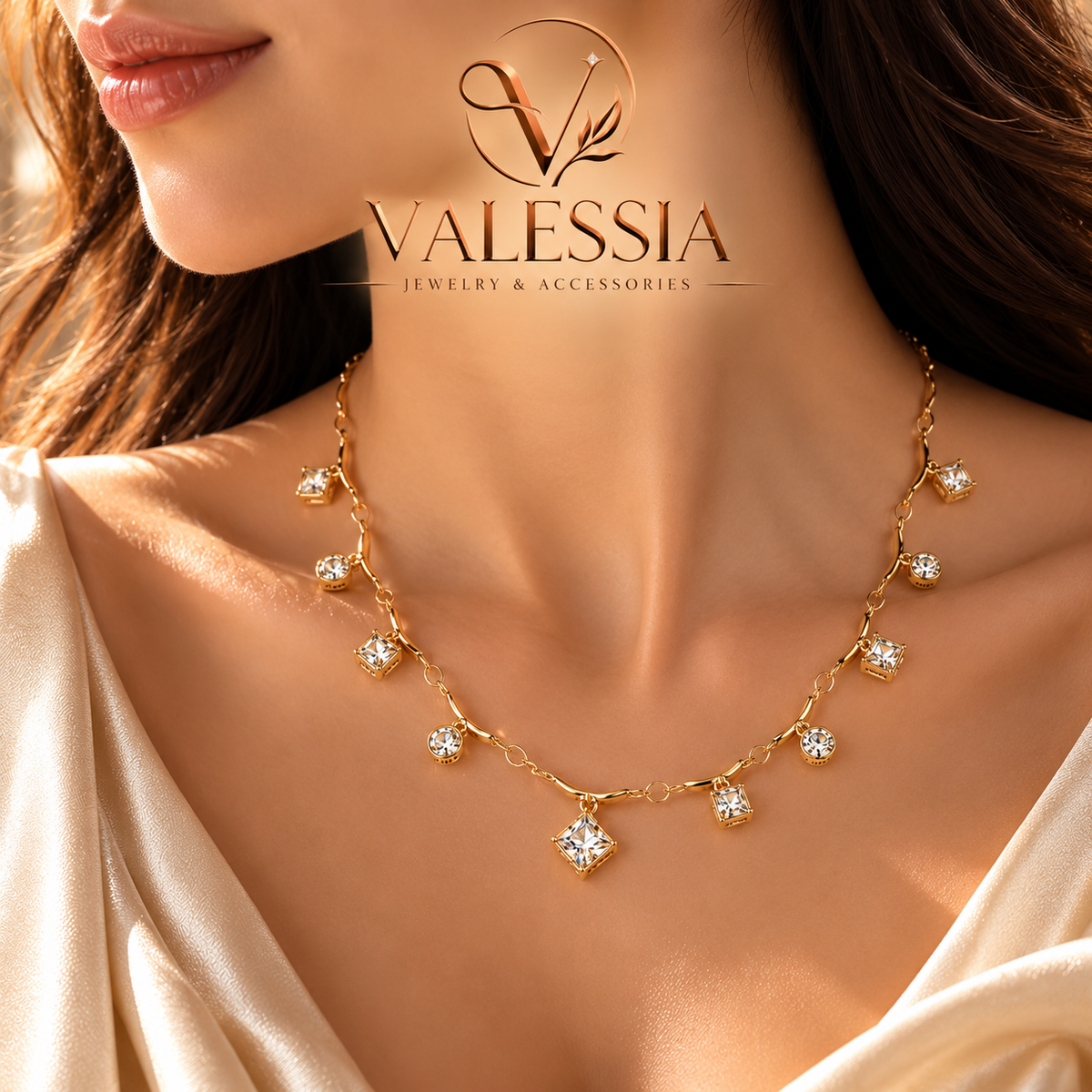 Gold-Tone Necklace with Square and Round Dangle Stones