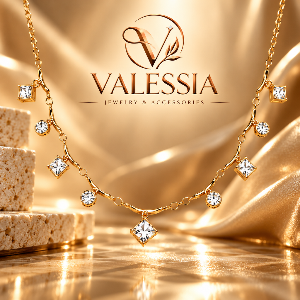 Gold-Tone Necklace with Square and Round Dangle Stones