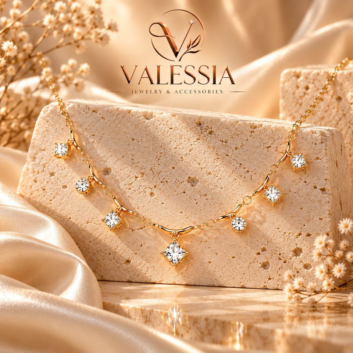 Gold-Tone Necklace with Square and Round Dangle Stones