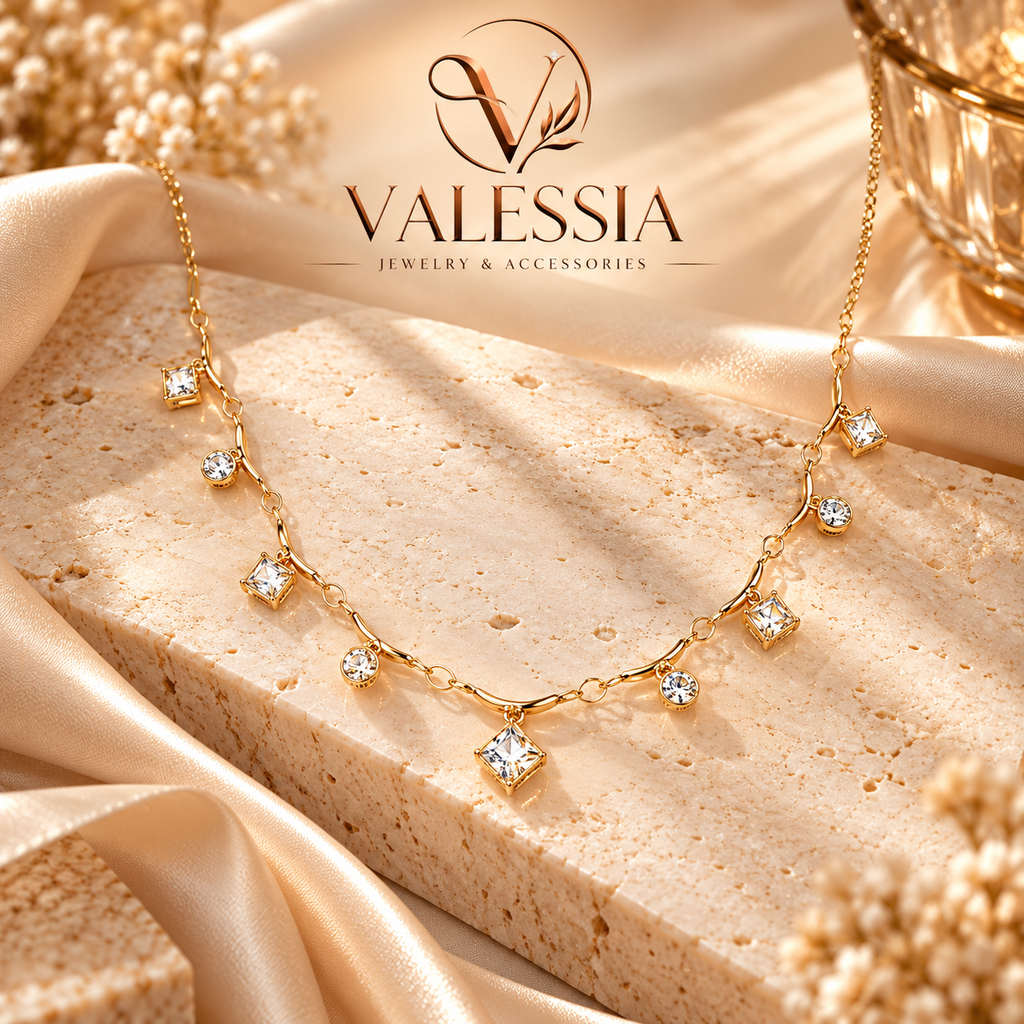 Gold-Tone Necklace with Square and Round Dangle Stones