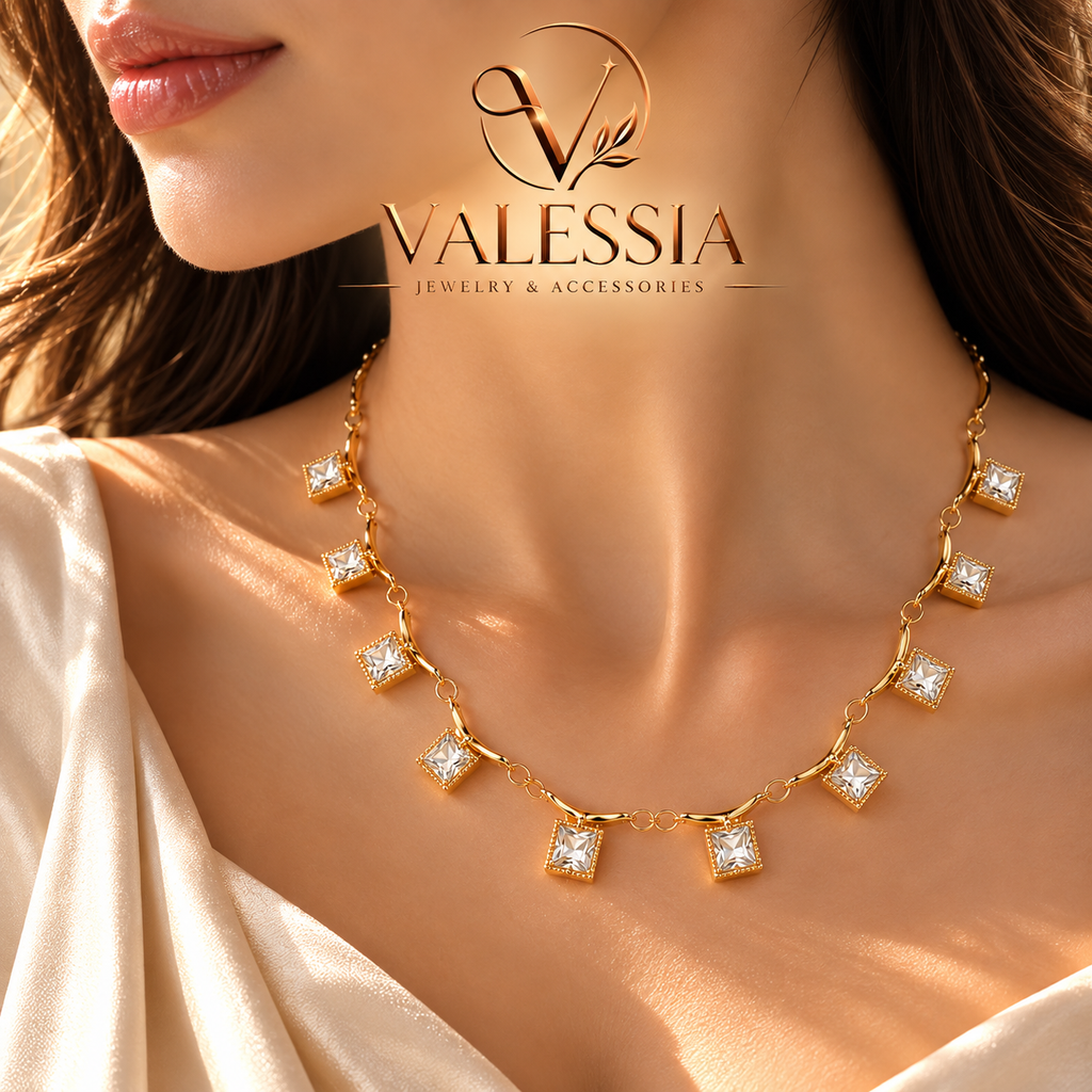 Gold-Tone Necklace with Square Dangle Stone