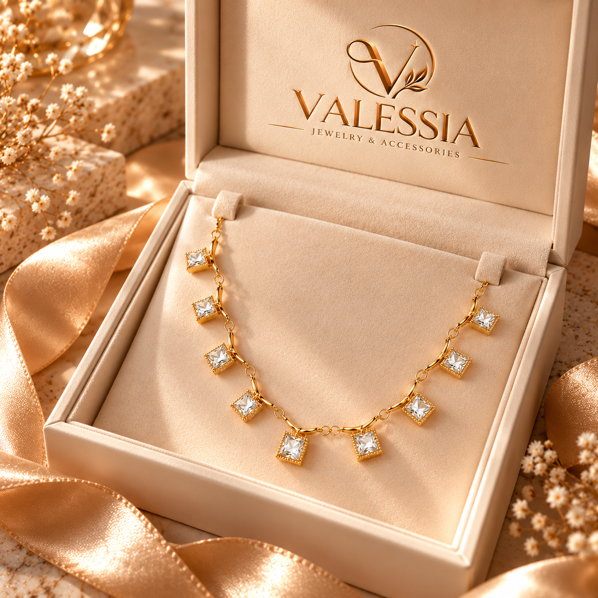 Gold-Tone Necklace with Square Dangle Stone