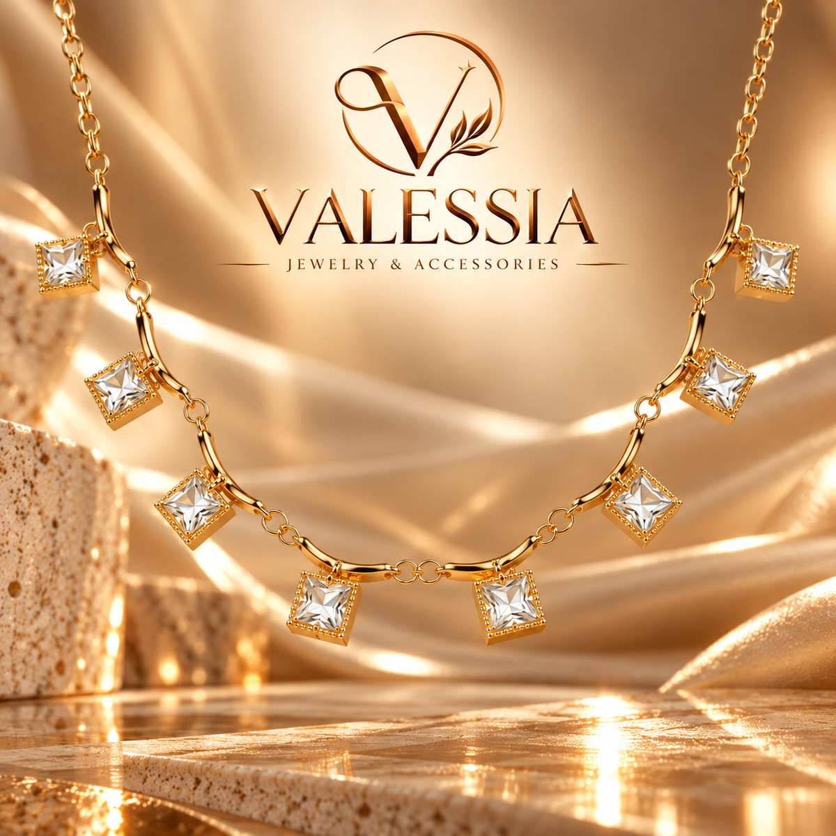 Gold-Tone Necklace with Square Dangle Stone