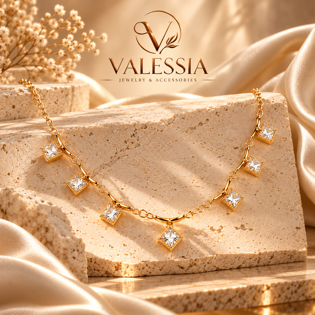 Gold-Tone Necklace with Square Dangle Stone