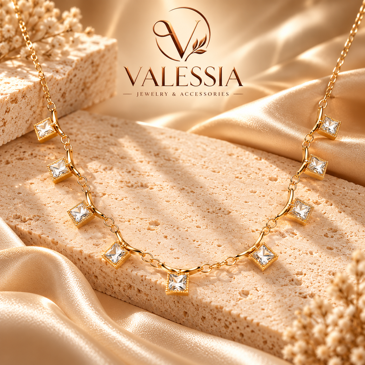Gold-Tone Necklace with Square Dangle Stone
