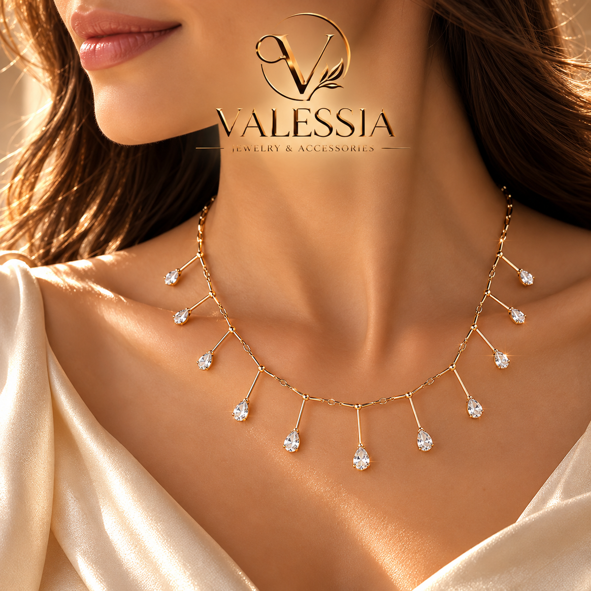Silver-Tone Necklace with Teardrop Dangle Stone