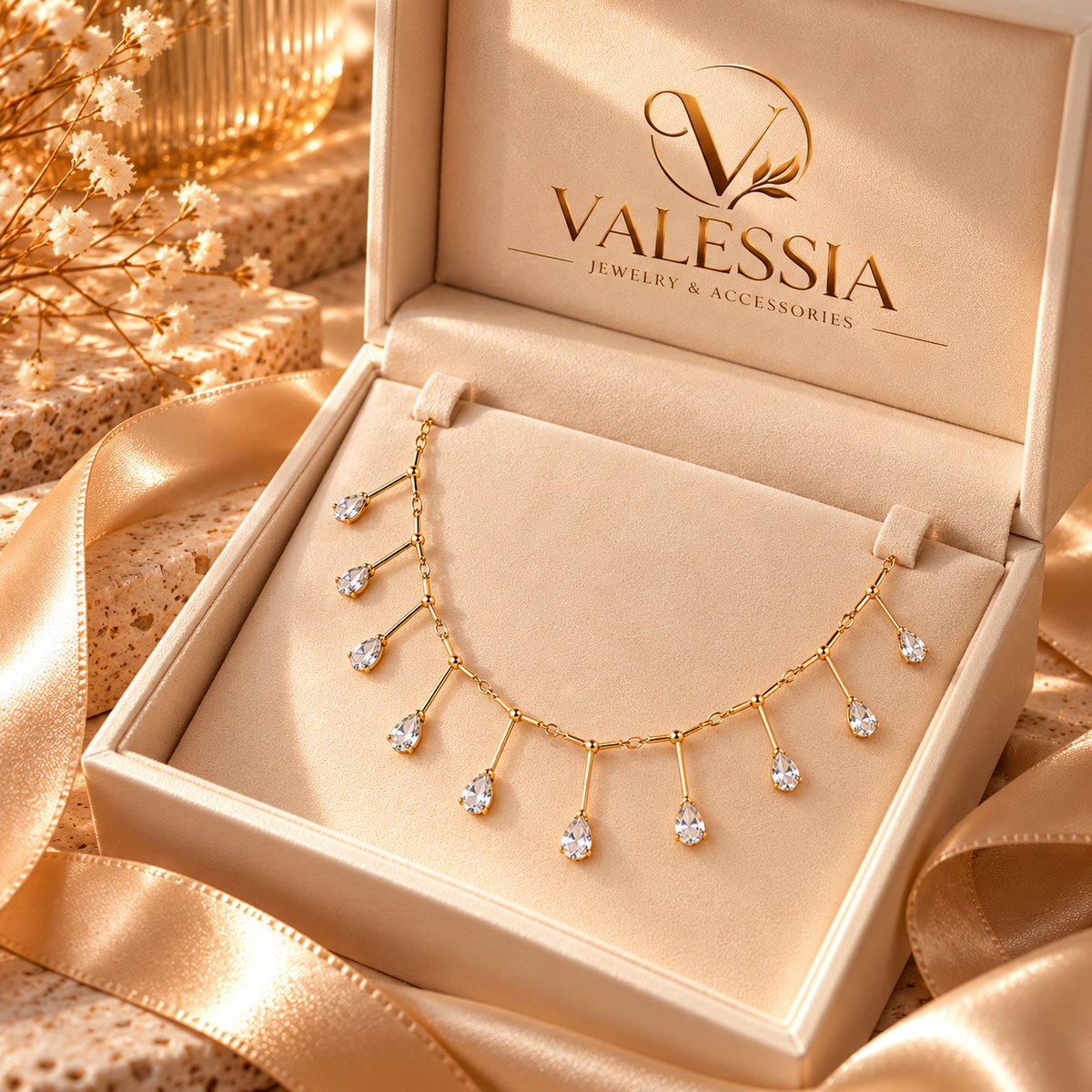 Silver-Tone Necklace with Teardrop Dangle Stone