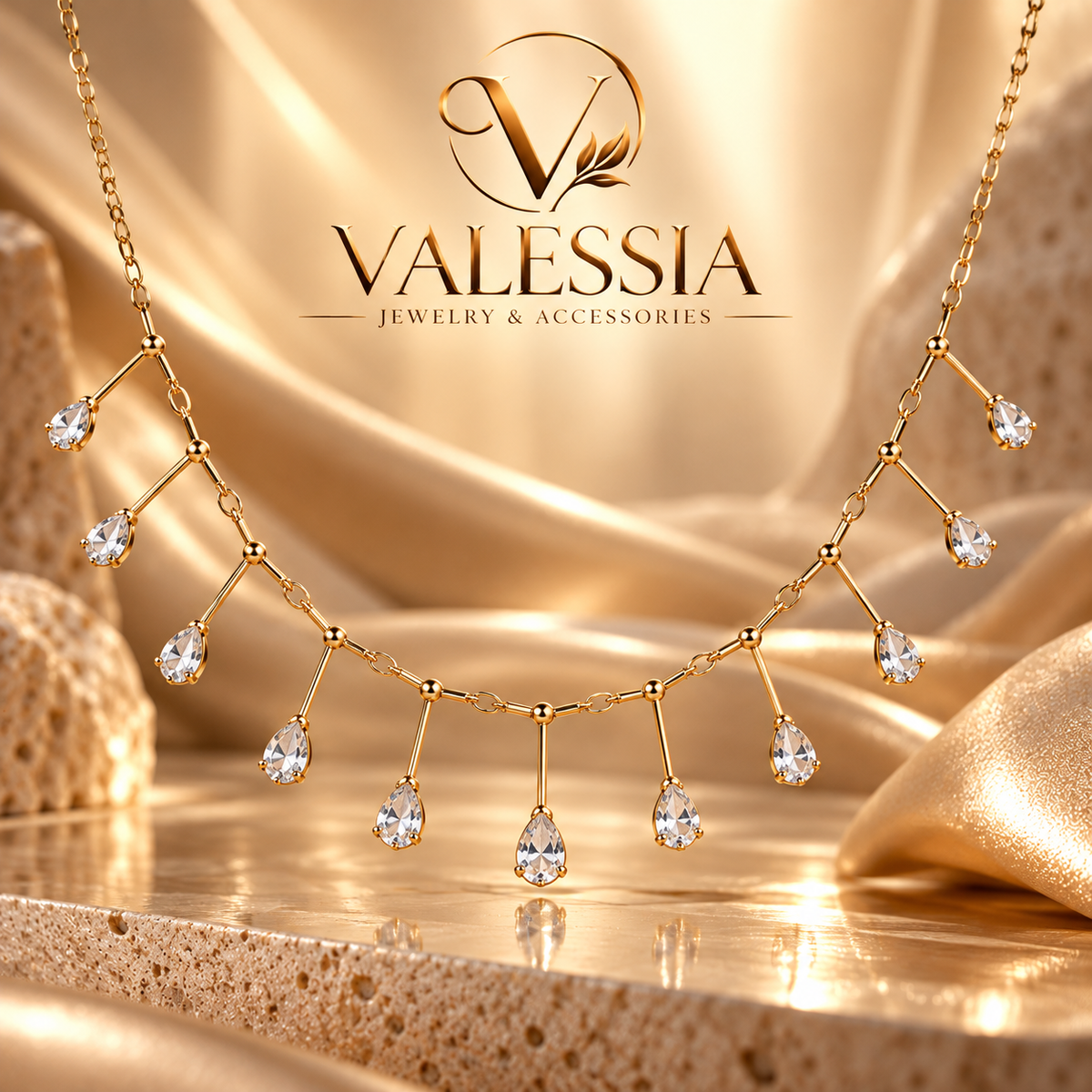 Silver-Tone Necklace with Teardrop Dangle Stone