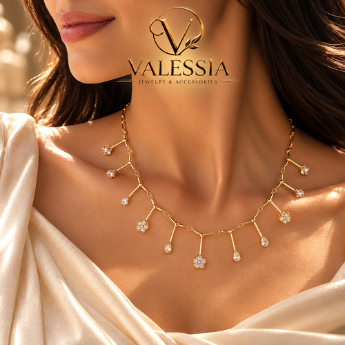 Gold-Tone Necklace with Flower and Teardrop Dangle Stones