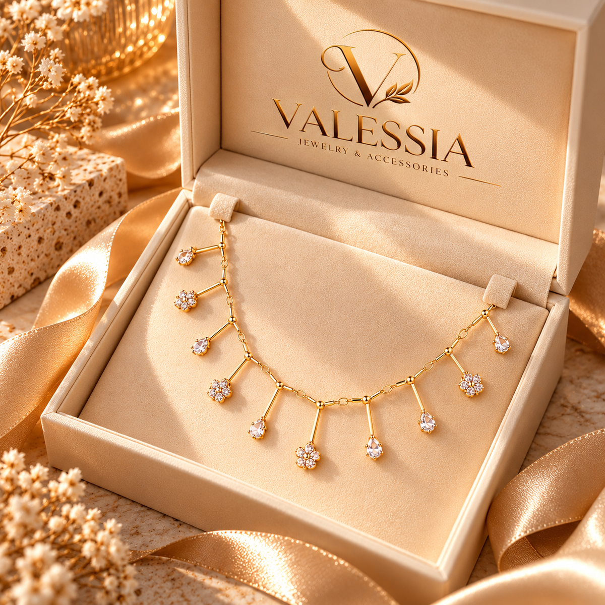 Gold-Tone Necklace with Flower and Teardrop Dangle Stones