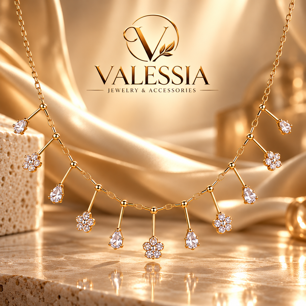 Gold-Tone Necklace with Flower and Teardrop Dangle Stones