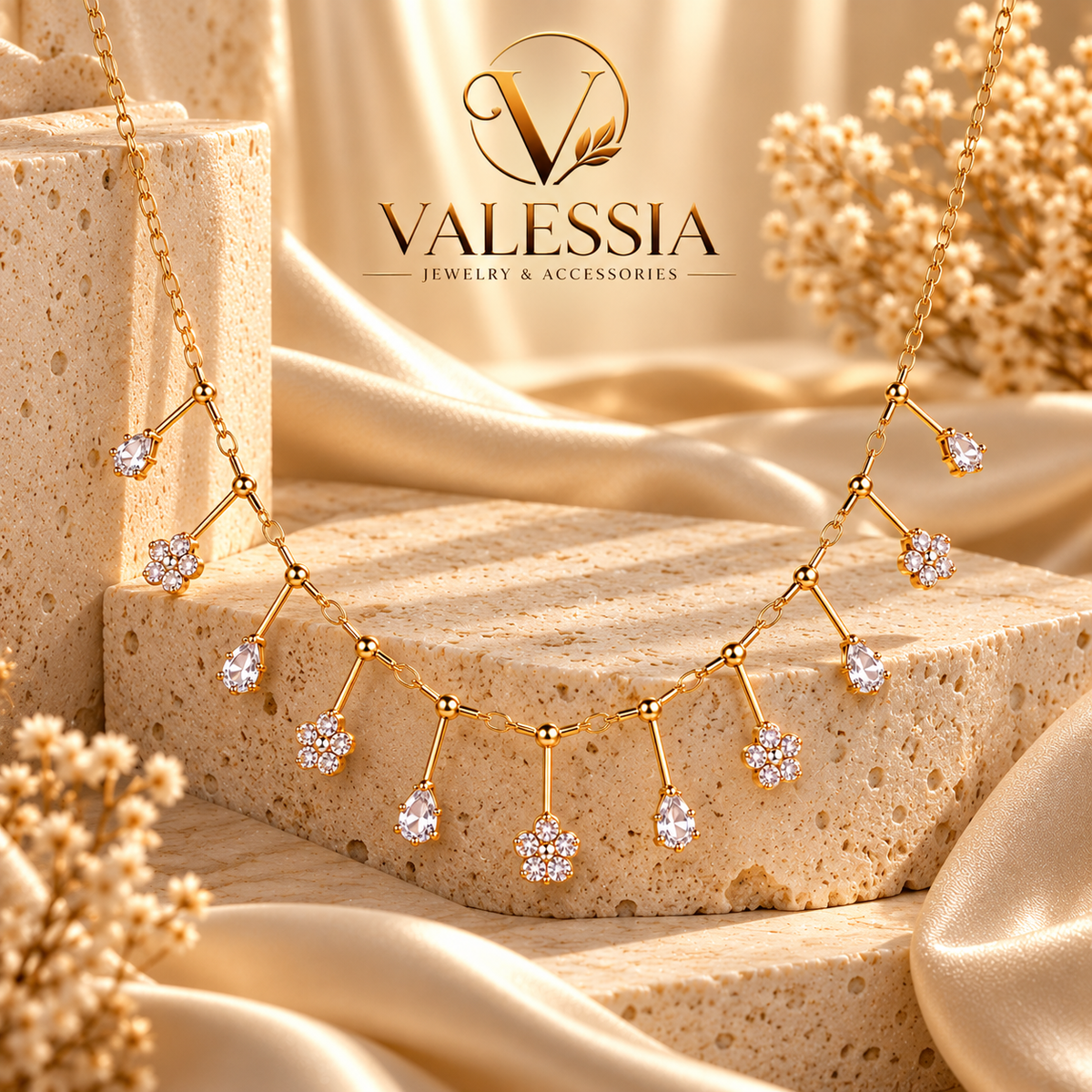 Gold-Tone Necklace with Flower and Teardrop Dangle Stones