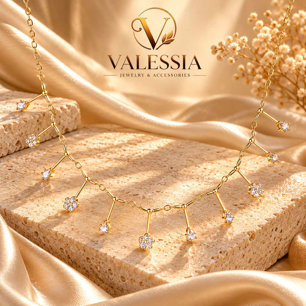 Gold-Tone Necklace with Flower and Teardrop Dangle Stones
