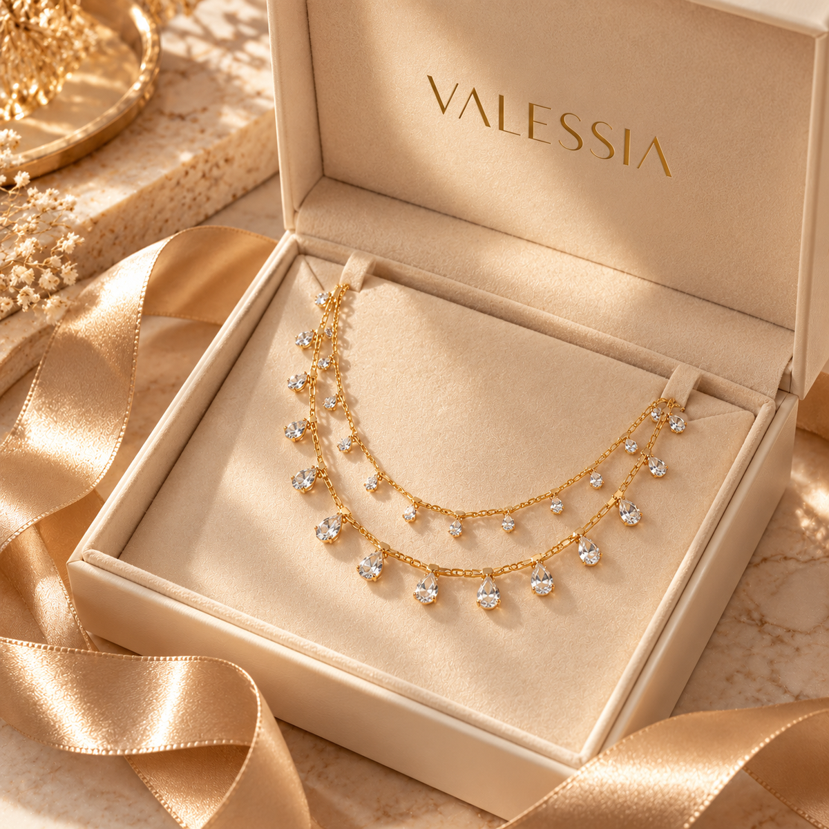 Double-Layer Gold-Tone Necklace with Teardrop Pendant