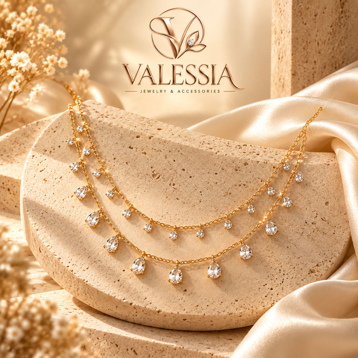 Double-Layer Gold-Tone Necklace with Teardrop Pendant