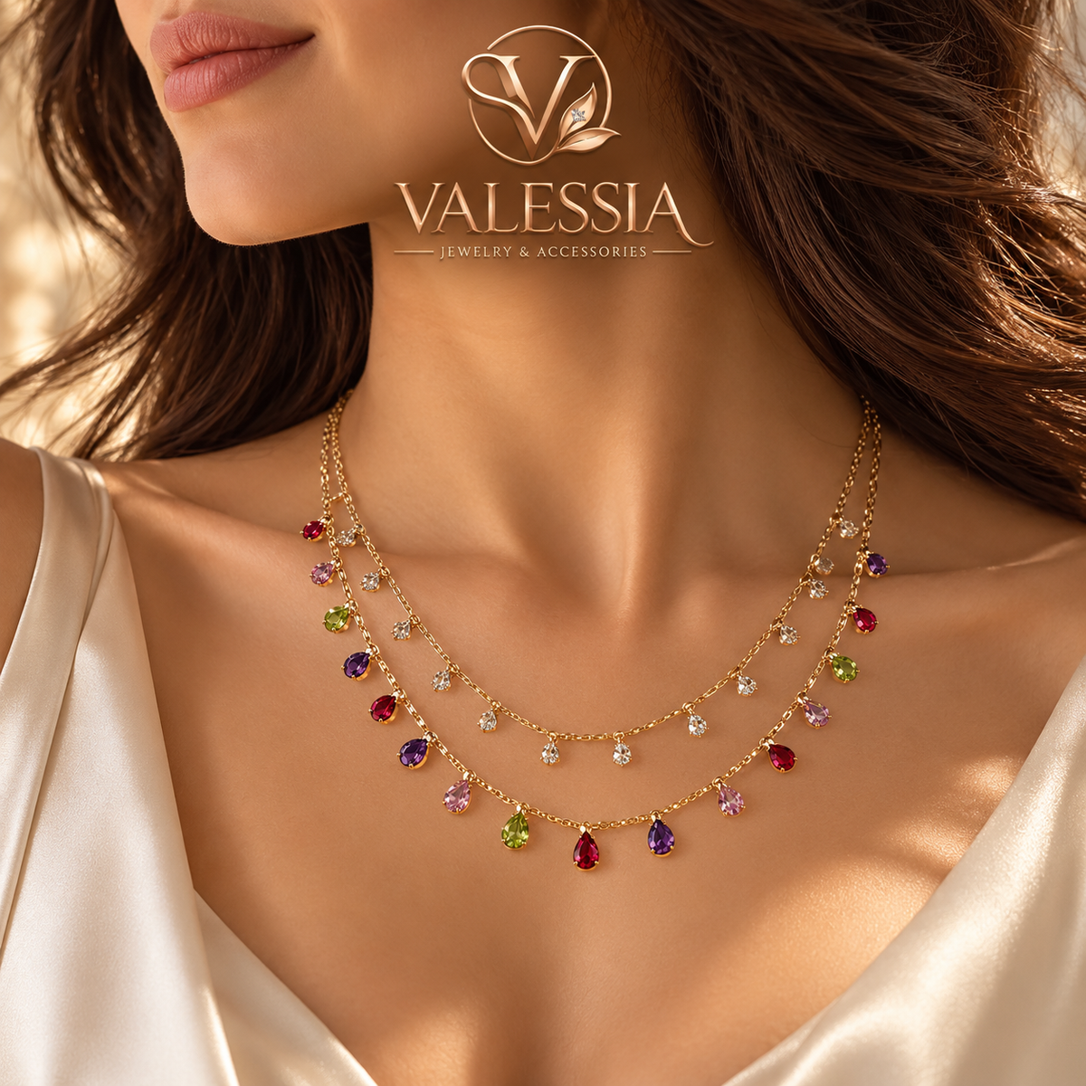 Double-Layer Necklace with Colorful Teardrop Pendants