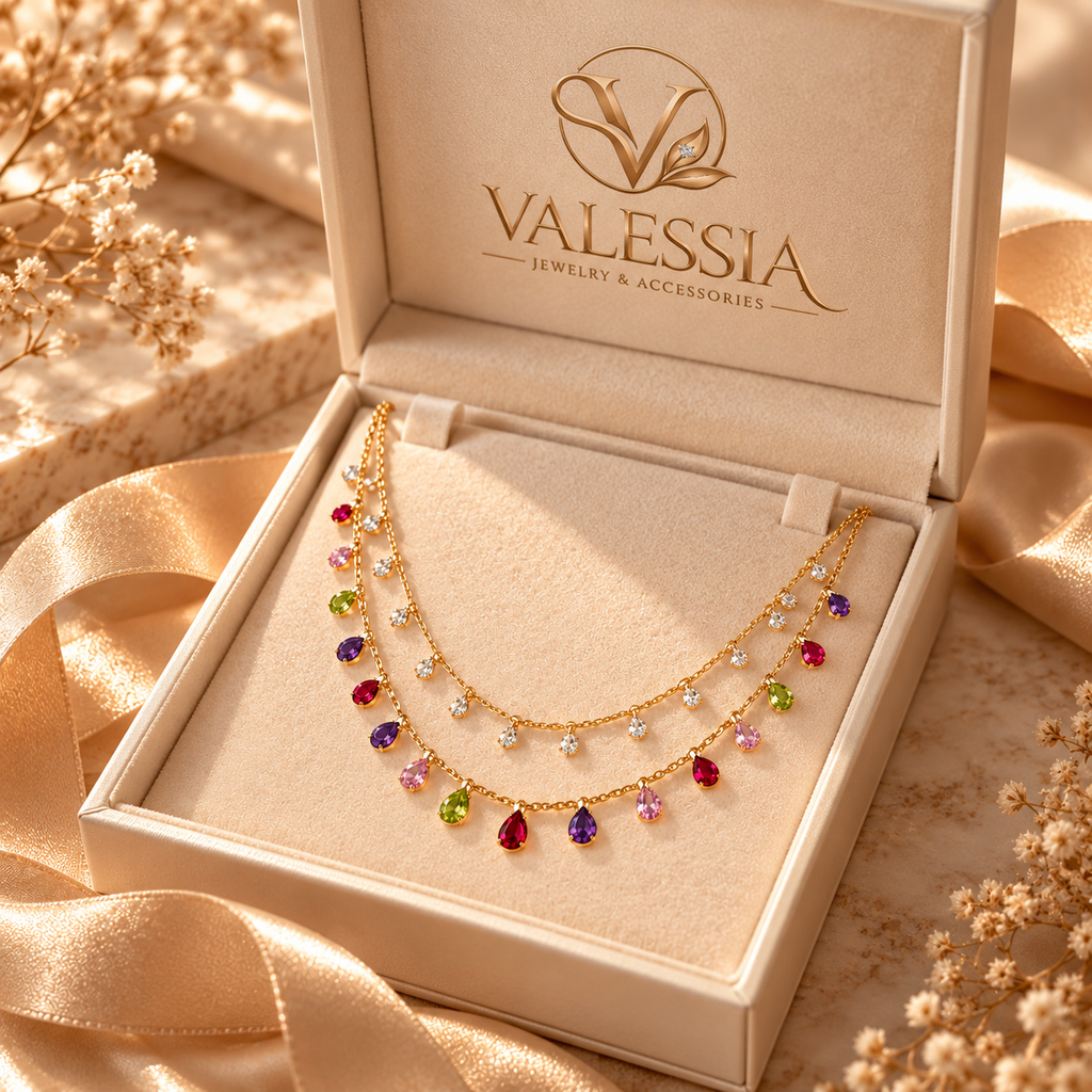 Double-Layer Necklace with Colorful Teardrop Pendants