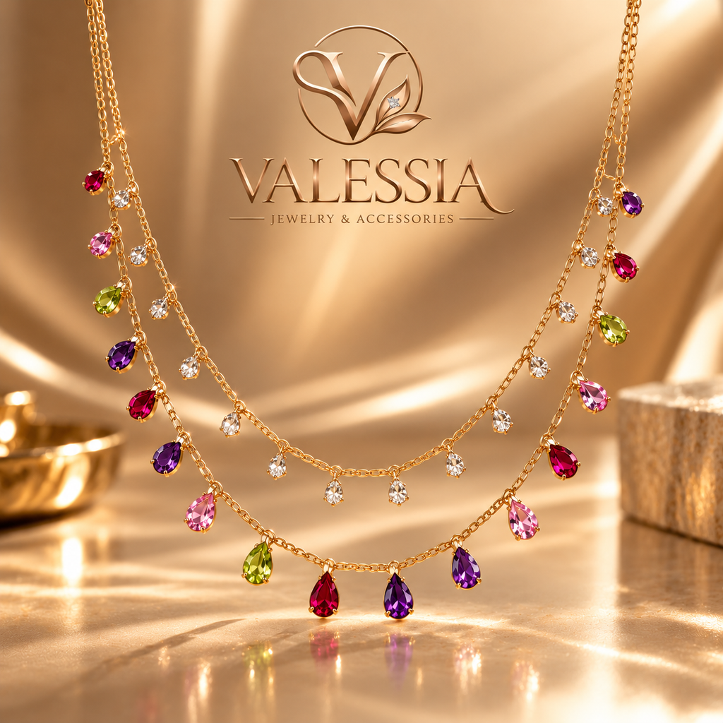 Double-Layer Necklace with Colorful Teardrop Pendants