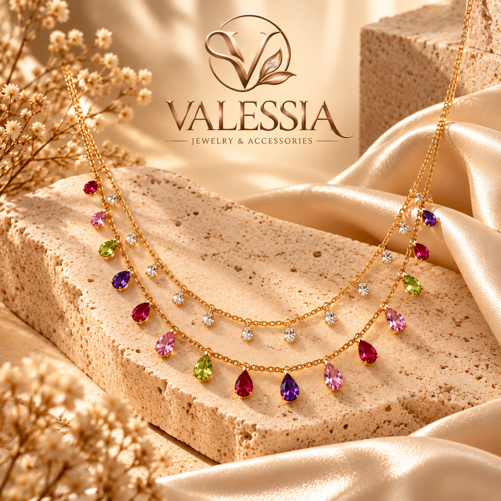 Double-Layer Necklace with Colorful Teardrop Pendants
