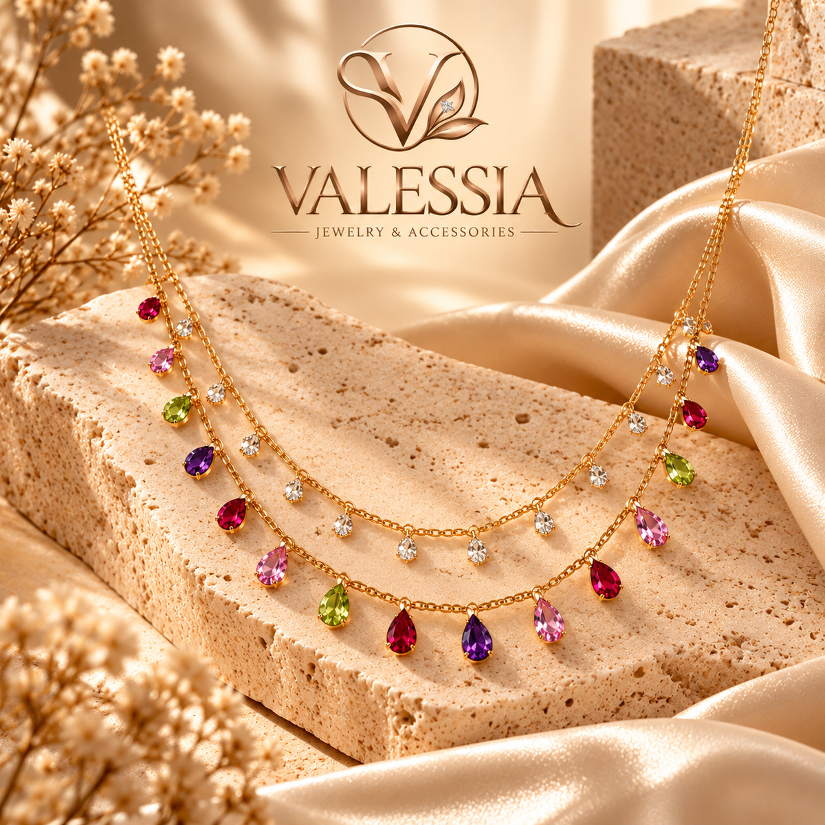 Double-Layer Necklace with Colorful Teardrop Pendants