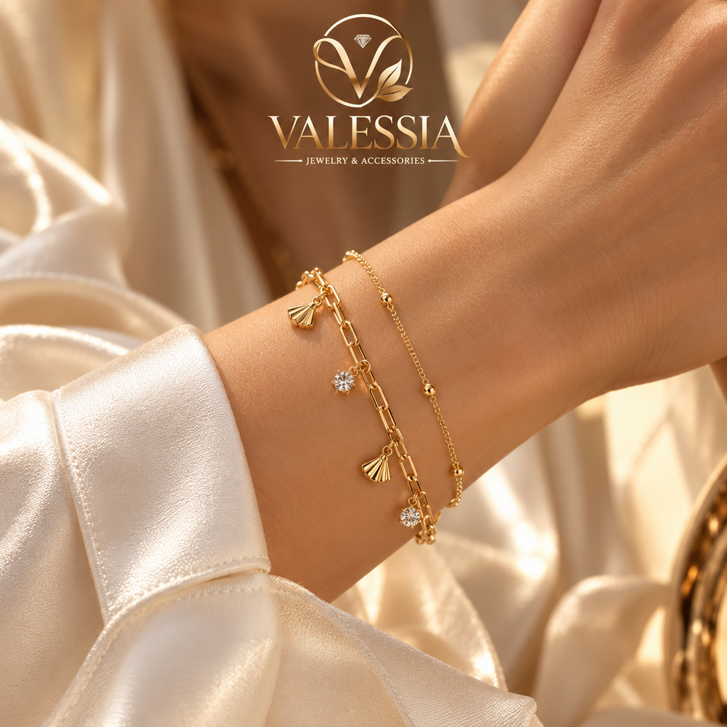 Gold-Tone Double-Chain Bracelet with Jeweled Fan Charm