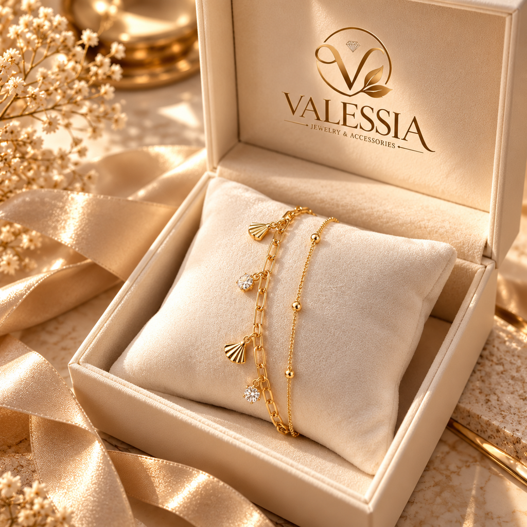 Gold-Tone Double-Chain Bracelet with Jeweled Fan Charm
