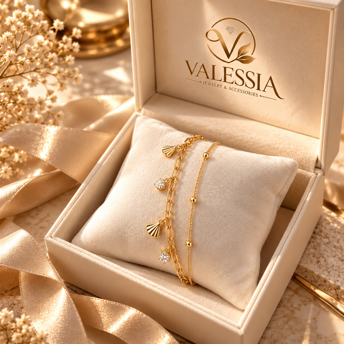 Gold-Tone Double-Chain Bracelet with Jeweled Fan Charm