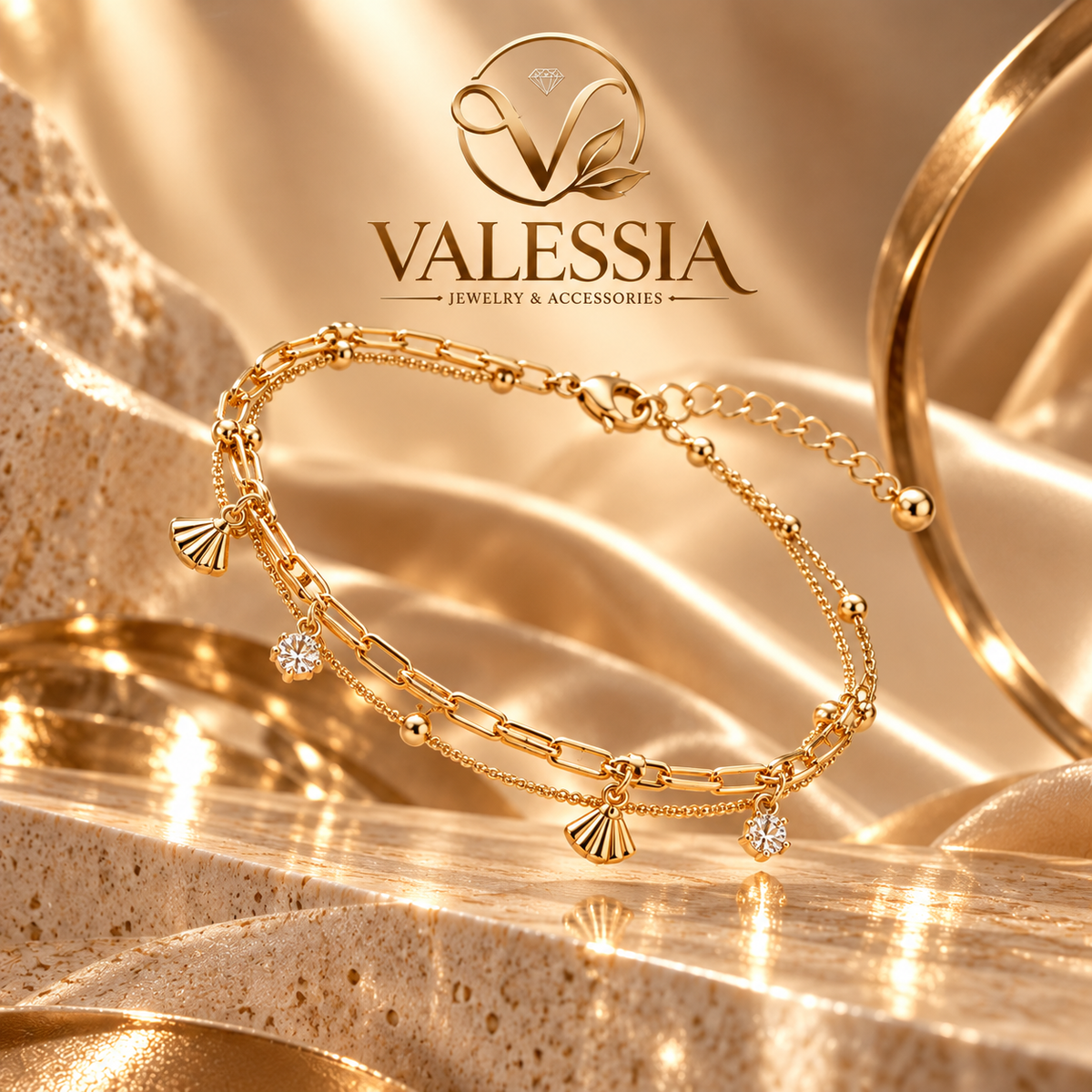 Gold-Tone Double-Chain Bracelet with Jeweled Fan Charm