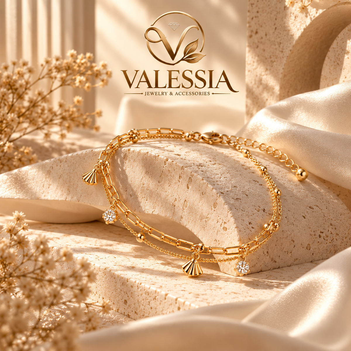 Gold-Tone Double-Chain Bracelet with Jeweled Fan Charm