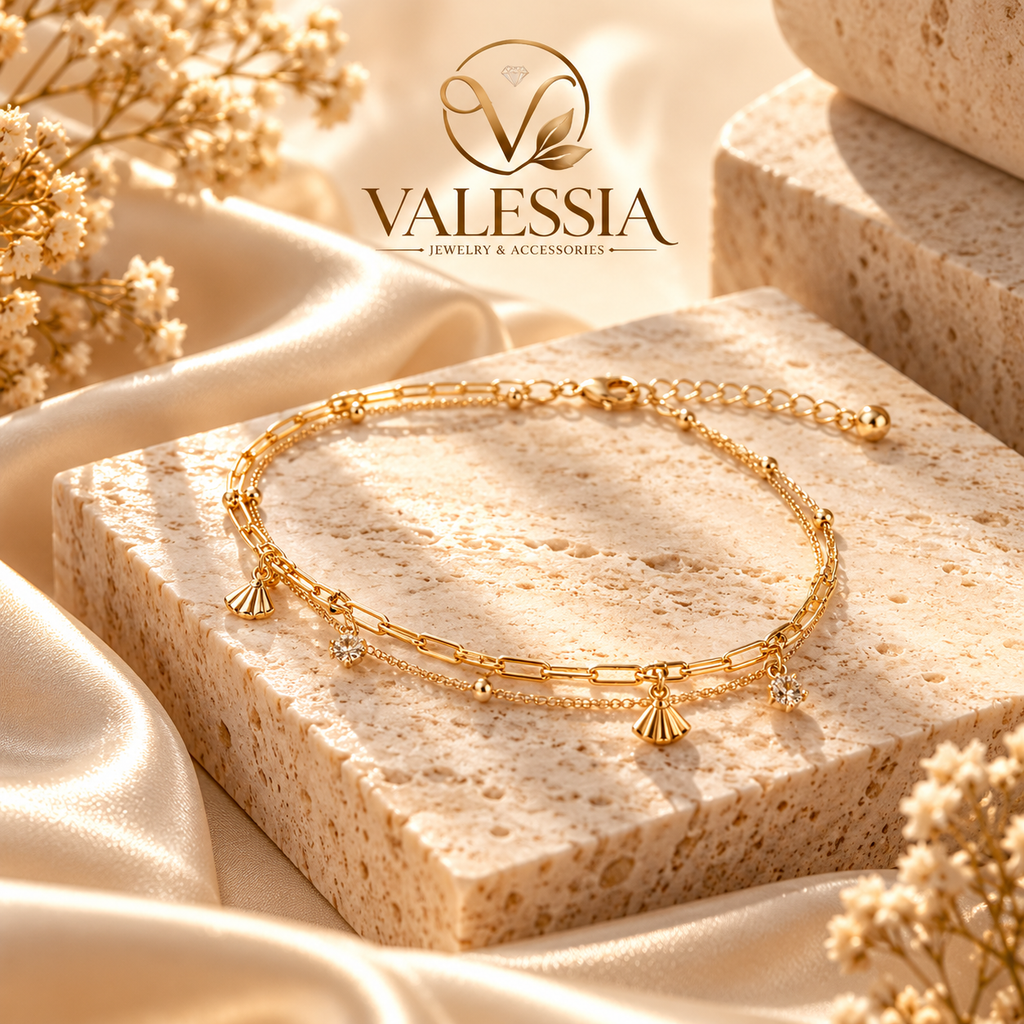 Gold-Tone Double-Chain Bracelet with Jeweled Fan Charm