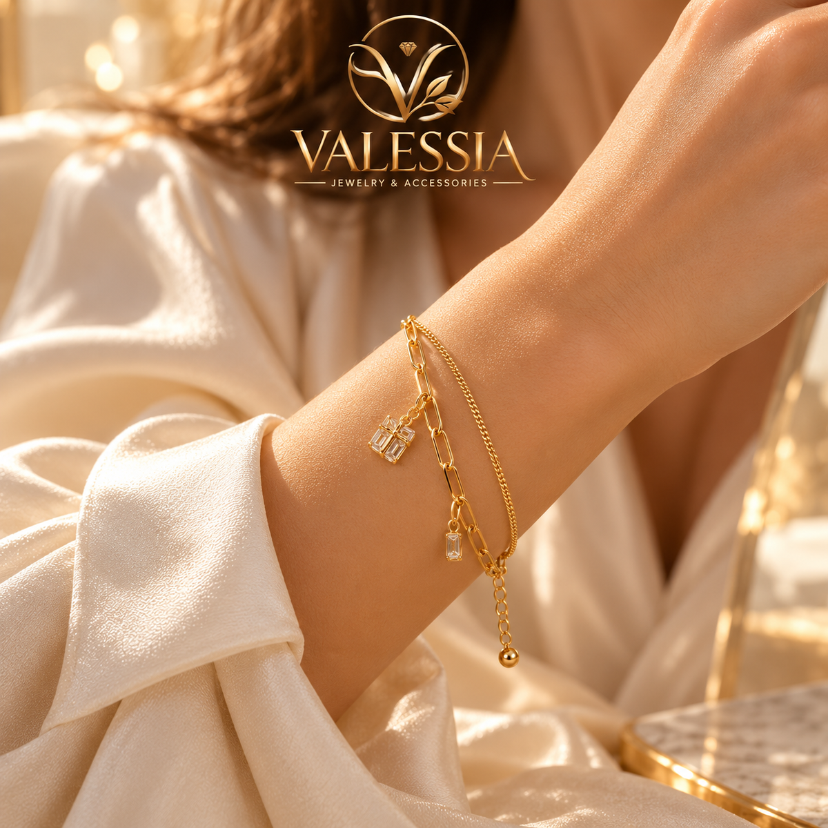 Gold-Tone Double-Chain Bracelet with Four-Leaf Clover Charm