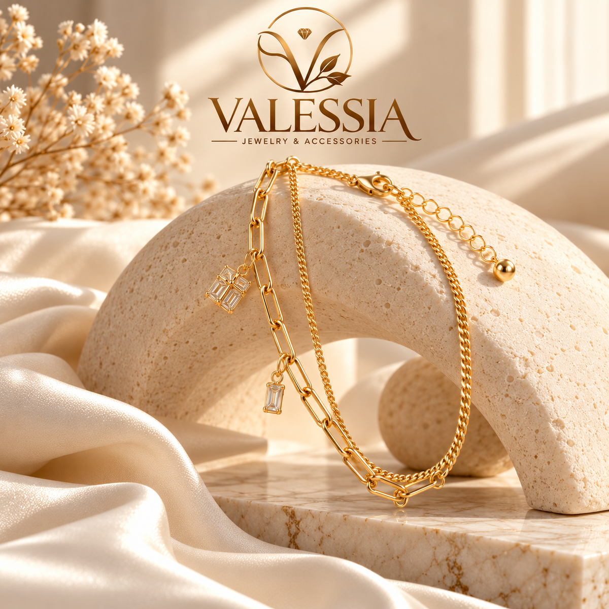 Gold-Tone Double-Chain Bracelet with Four-Leaf Clover Charm
