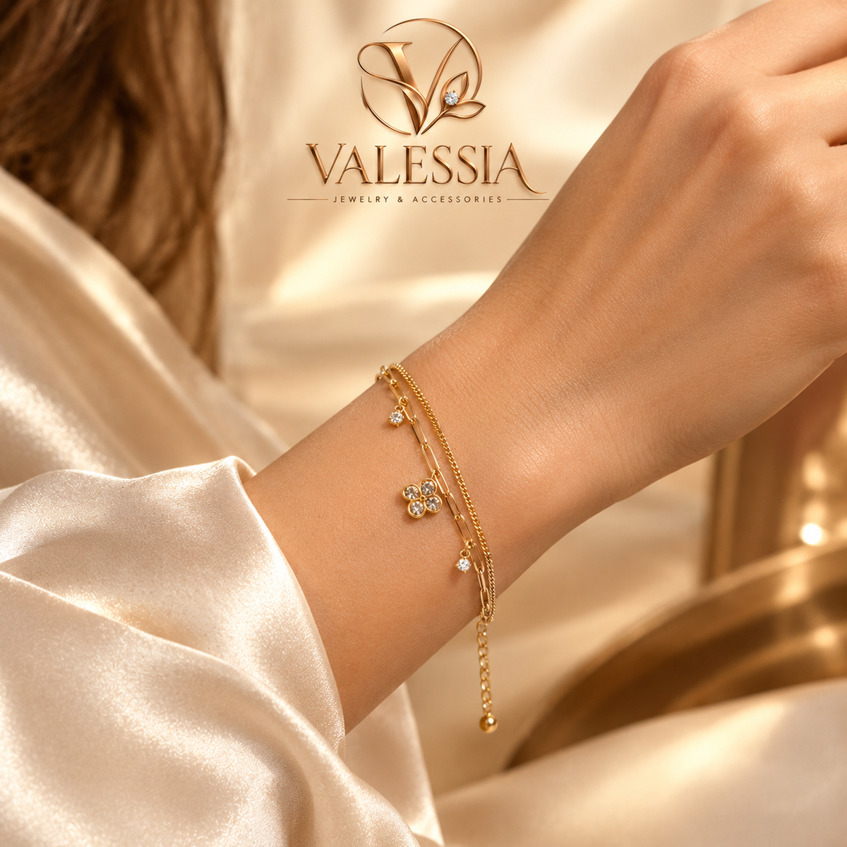 Gold and Silver-Tone Double-Chain Bracelet with Four-Leaf Clover Charm