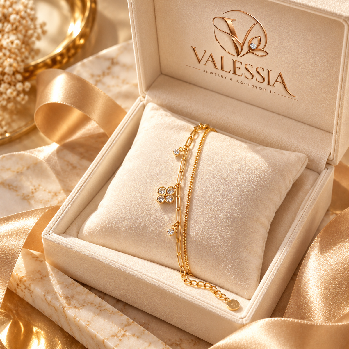 Gold and Silver-Tone Double-Chain Bracelet with Four-Leaf Clover Charm