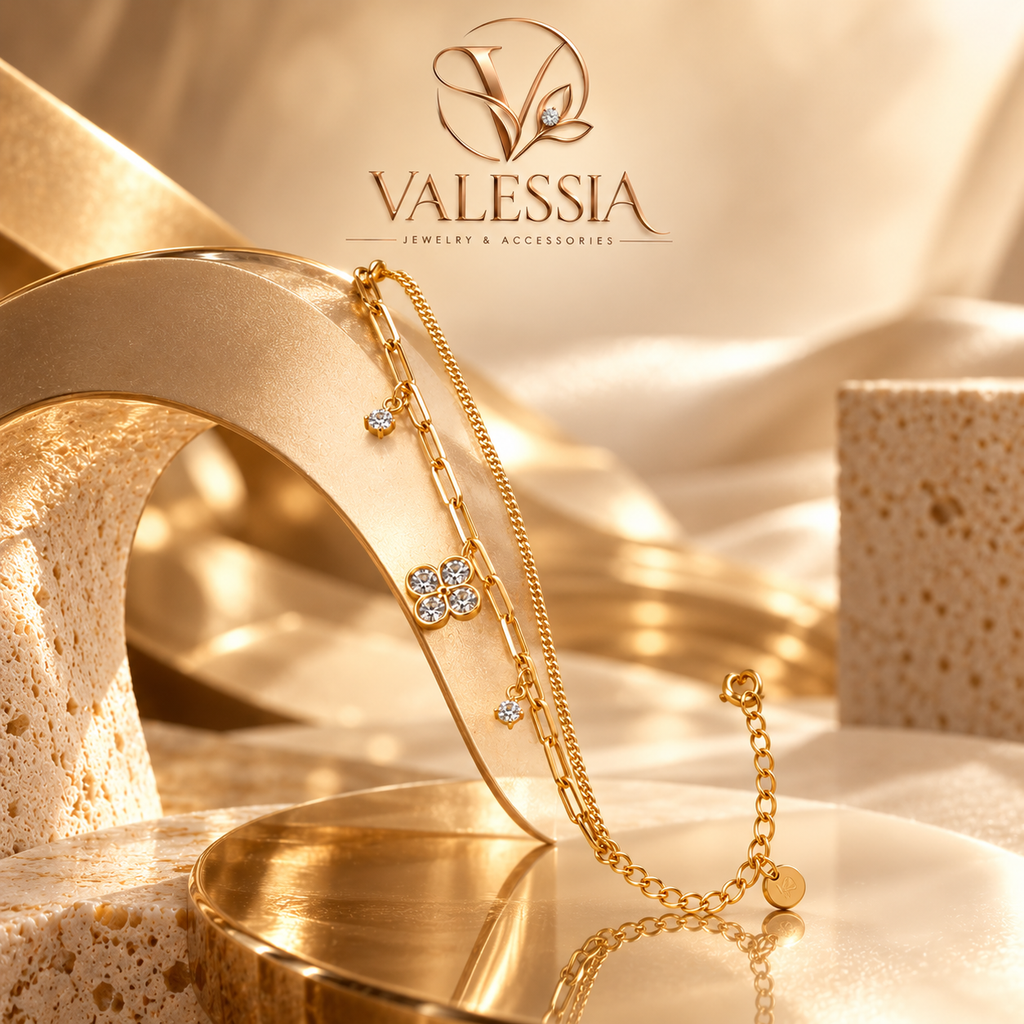 Gold and silver-tone double-chain bracelet with a four-leaf clover charm