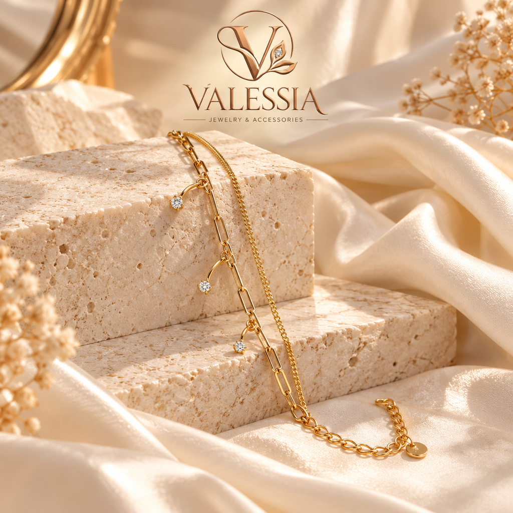 Gold and Silver-Tone Double-Chain Bracelet with Elegant Dangle Stones