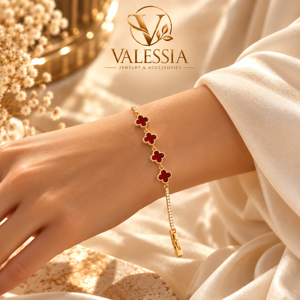 Gold and Silver-Tone Tennis Bracelet with Burgundy Clover Motif