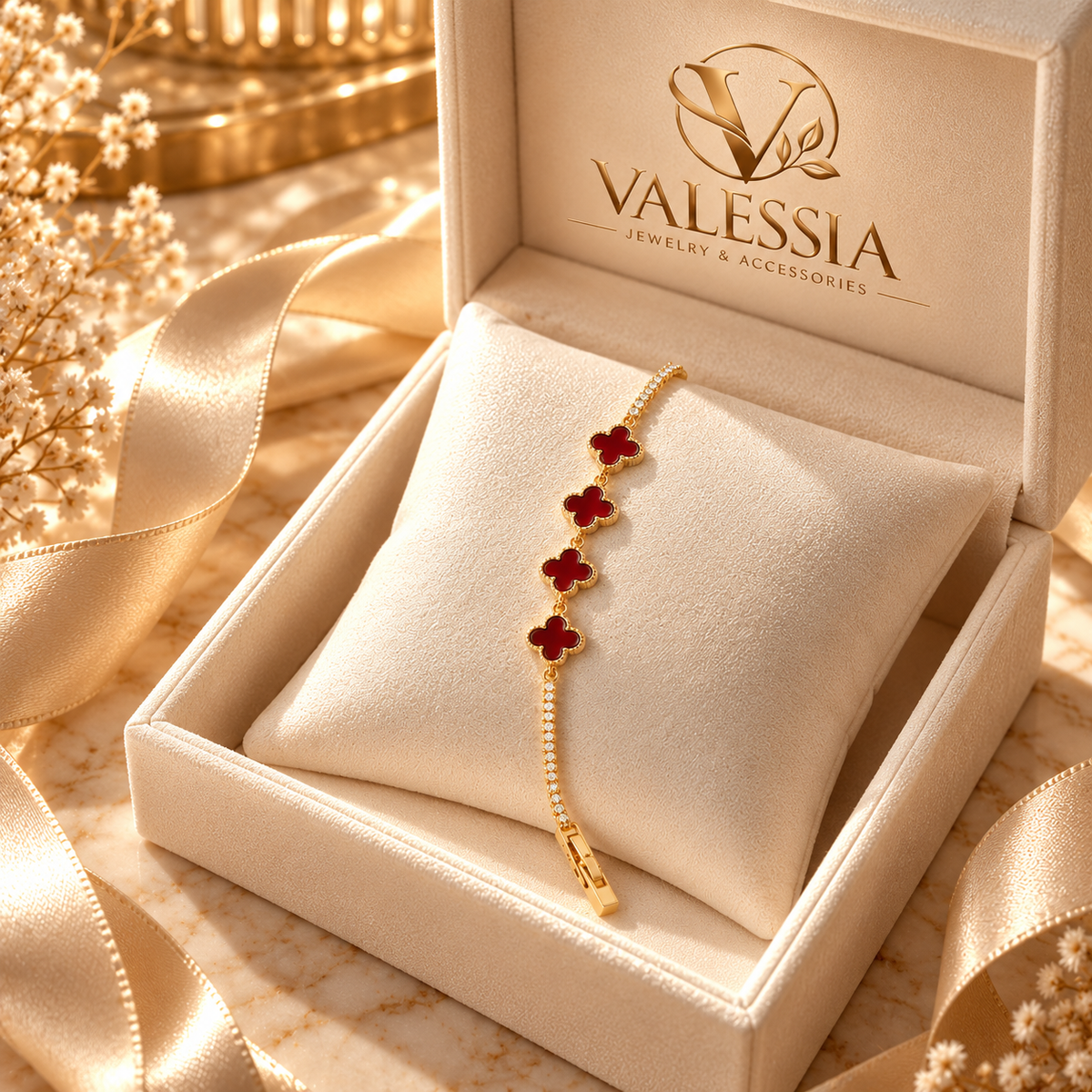 Gold and Silver-Tone Tennis Bracelet with Burgundy Clover Motif