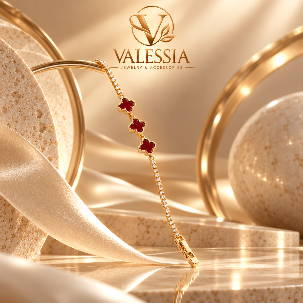 Gold and Silver-Tone Tennis Bracelet with Burgundy Clover Motif