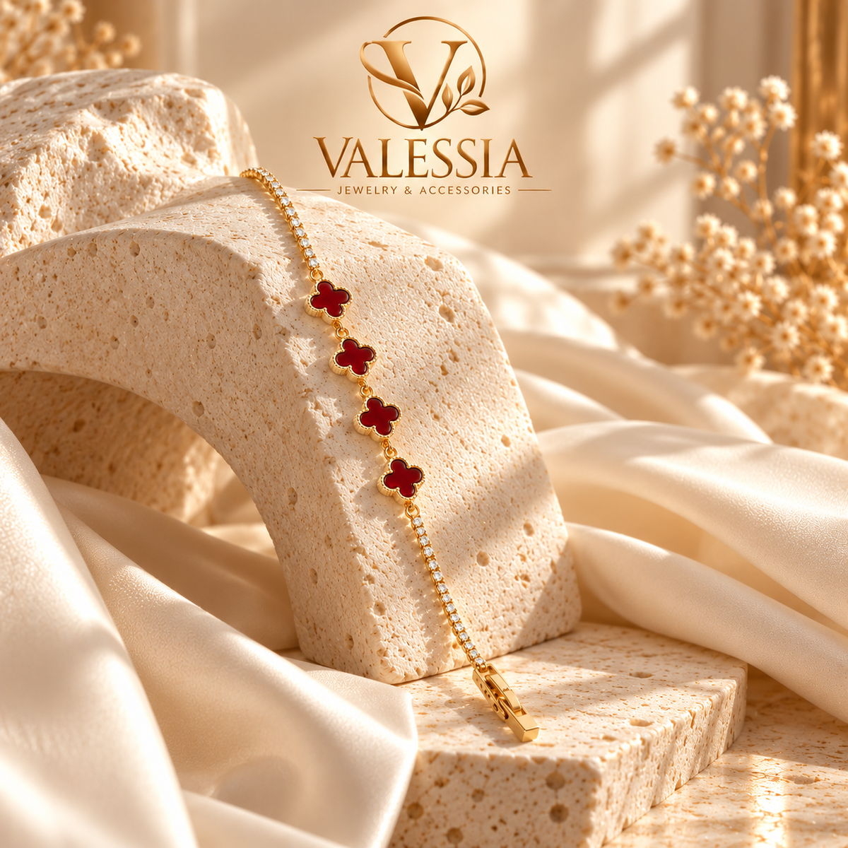 Gold and Silver-Tone Tennis Bracelet with Burgundy Clover Motif