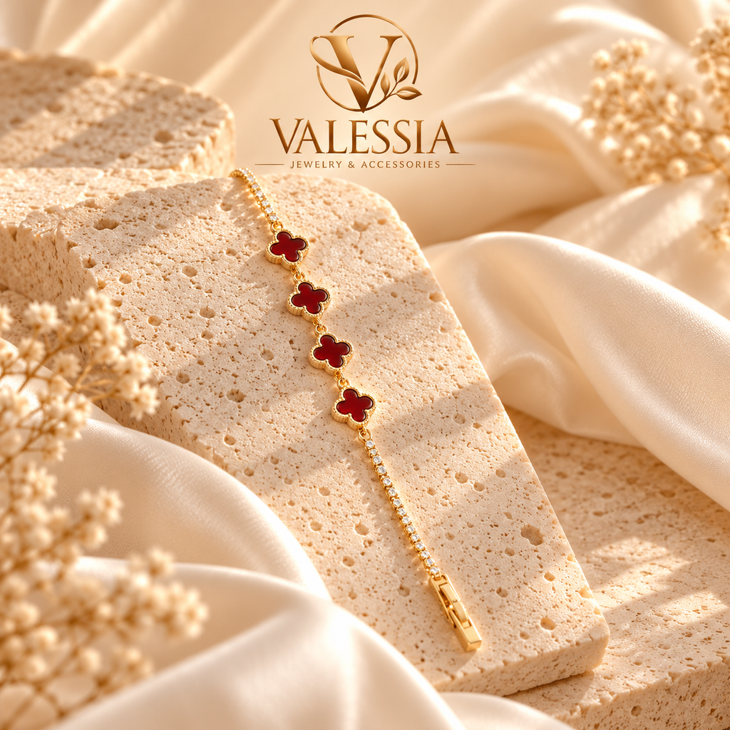 Gold and Silver-Tone Tennis Bracelet with Burgundy Clover Motif