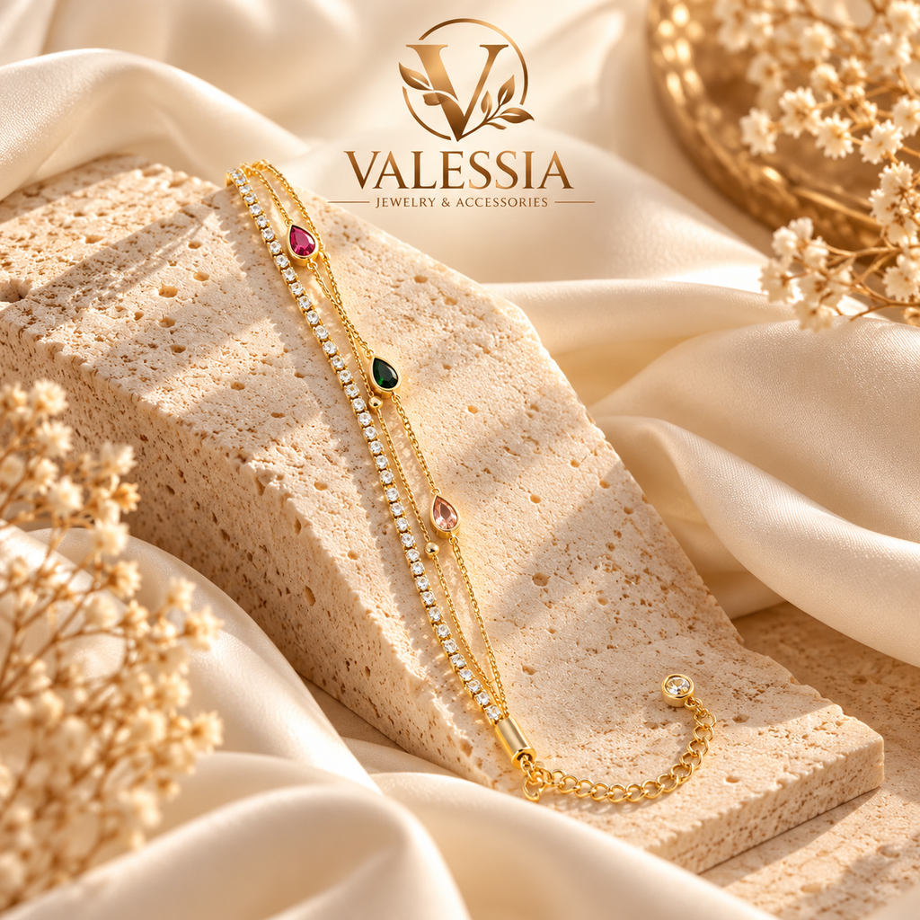 Gold and Silver-Tone Layered Chain Bracelet with Teardrop Stones