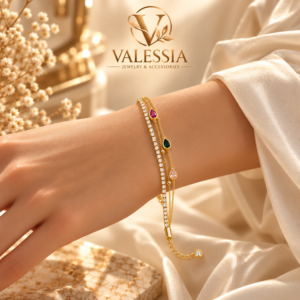 Gold and Silver-Tone Layered Chain Bracelet with Teardrop Stones