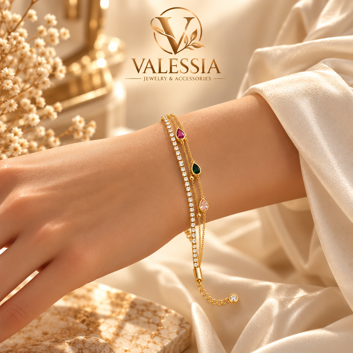 Gold and Silver-Tone Layered Chain Bracelet with Teardrop Stones