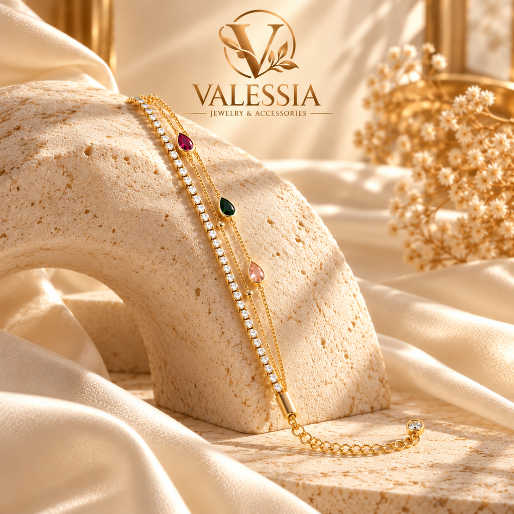 Gold and Silver-Tone Layered Chain Bracelet with Teardrop Stones