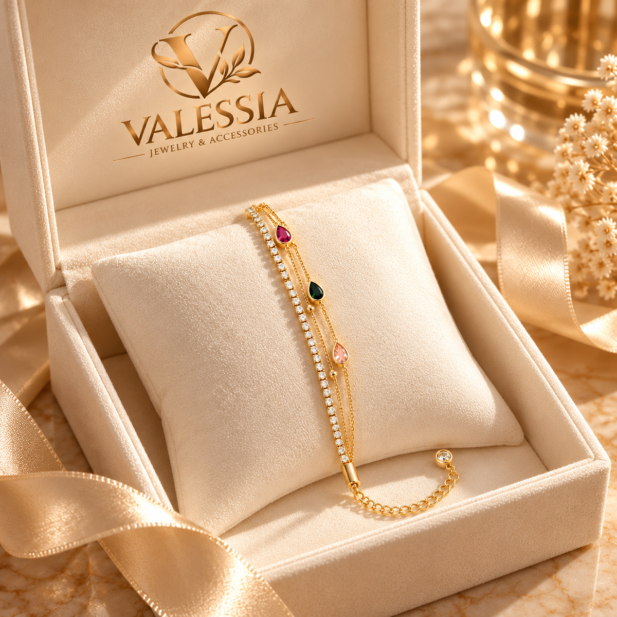 Gold and Silver-Tone Layered Chain Bracelet with Teardrop Stones